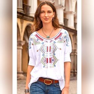 SUNDANCE Brighter Days White Cotton Embroidered Asymmetrical Hem Top Size L